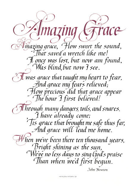 Amazing Grace how sweet the sound that saved a wretch like me Clifford Mansley Calligraphy print